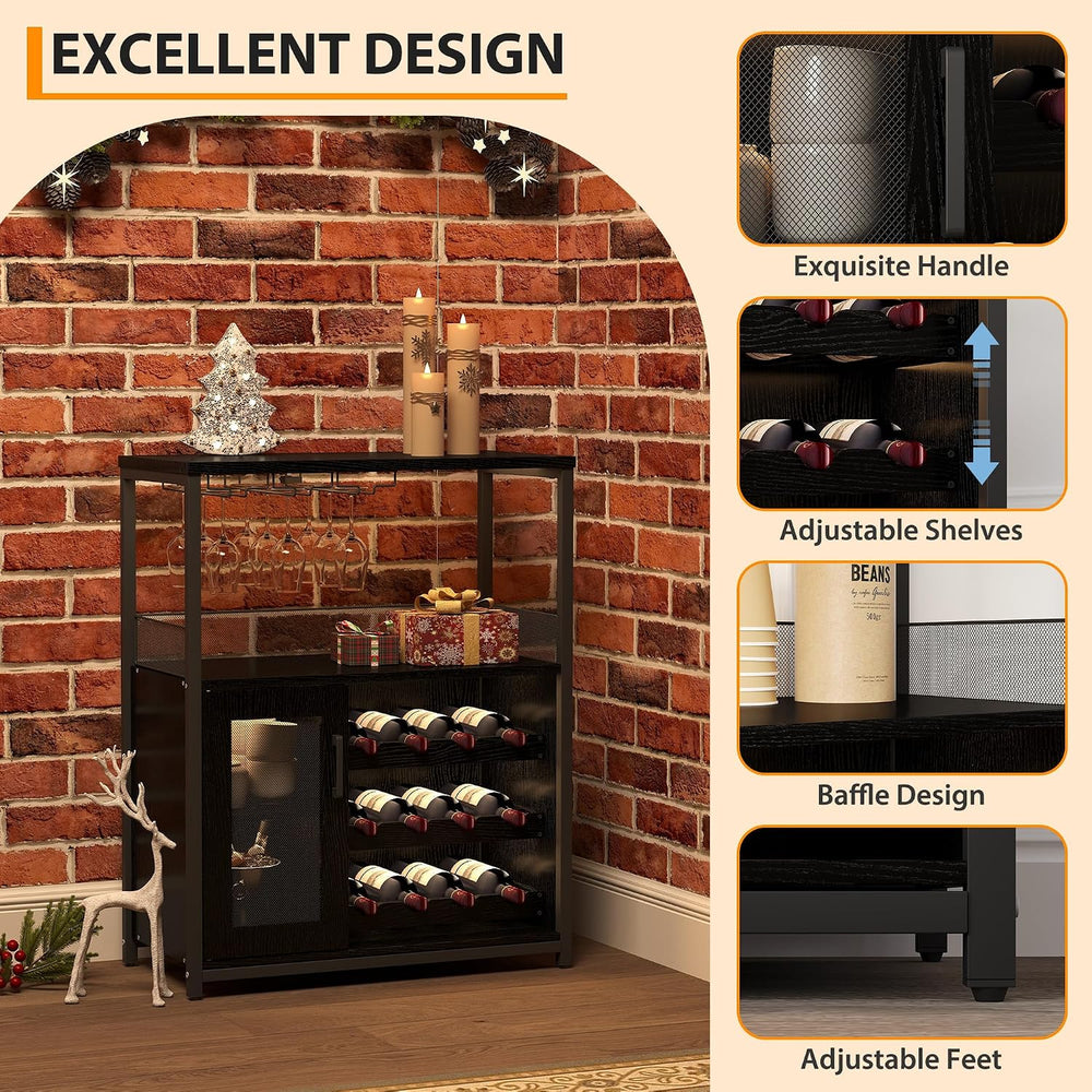 GAOMON Modern 36" Black Wine Bar Cabinet with Mesh Door, Adjustable Glas...
