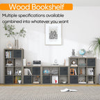 Bookshelf with Storage Bins, 8-Cube Storage Organizer, Modern Wood Open Bookcase, Multifunctional Display Shelf for Living Room, Bedroom, Home Office, Gray Oak