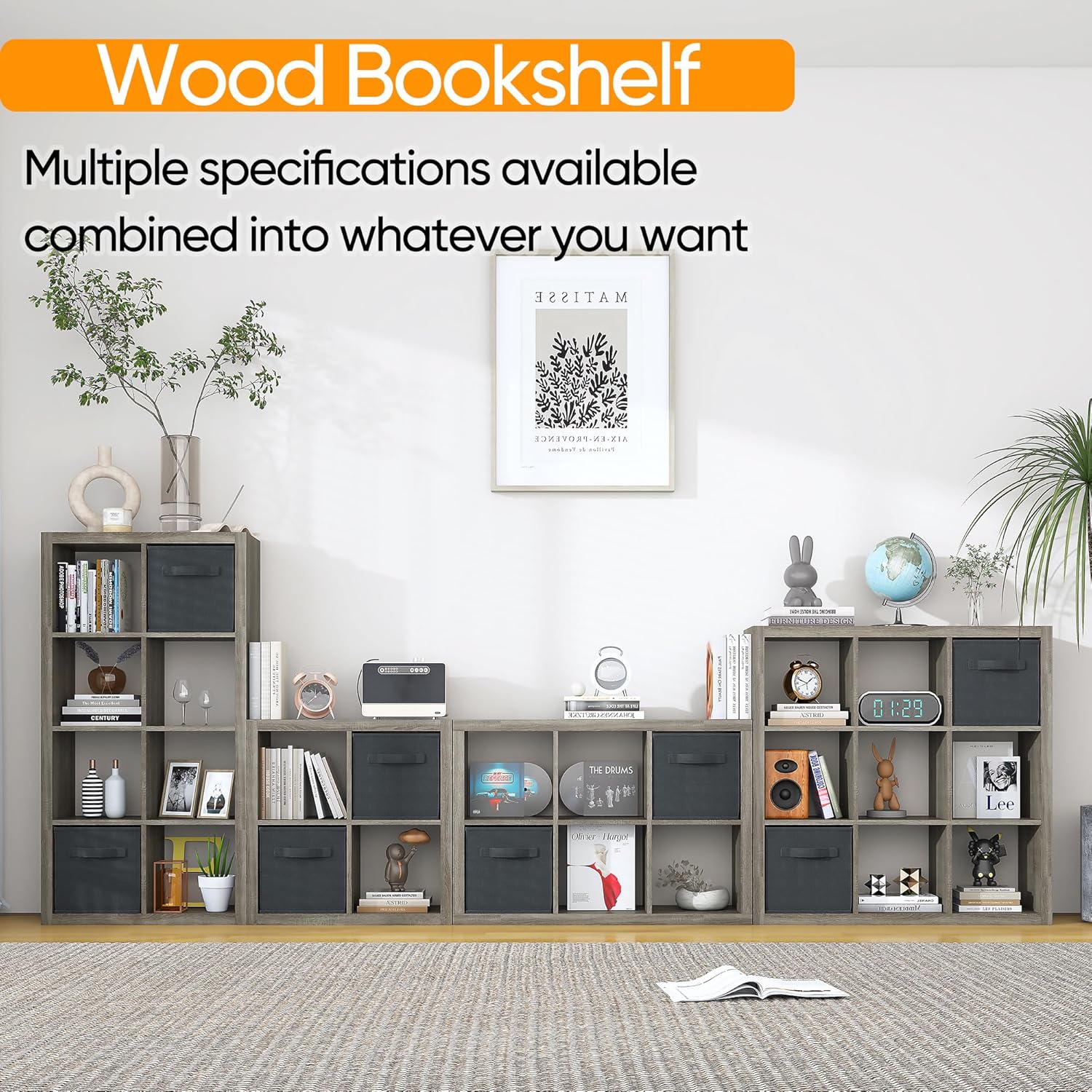 furtble Bookshelf with Storage Bin, 6-Cube Storage Organizer, Modern Wood Open Bookcase, Multifunctional Display Shelf for Living Room, Bedroom, Home Office, Gray Oak