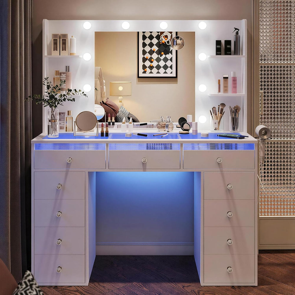 Makeup Vanity Glass Top, White Vanity Desk, Dressing Table, 23.5" Mirror...