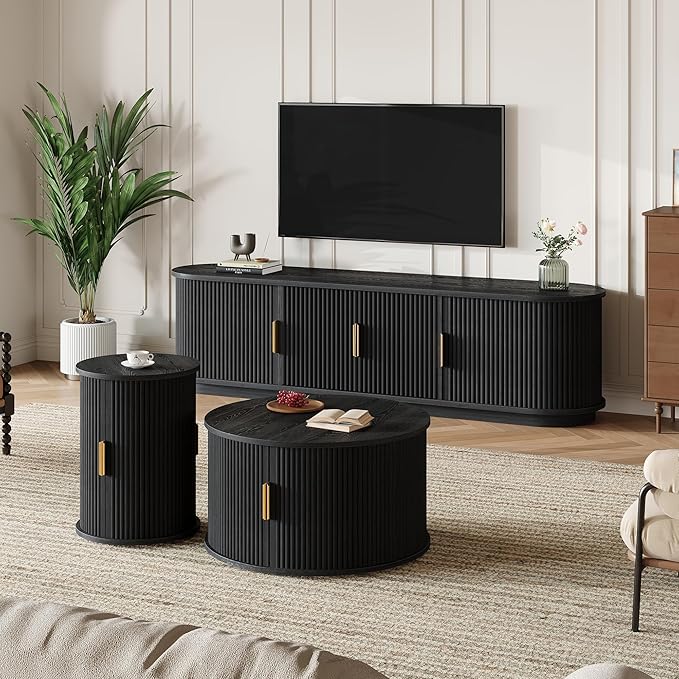 Wooden TV Stand & Coffee Table Set with Fluted Sliding Doors for TVs up to 75", Golden Handles Media Console with Cable Hole, Farmhouse Round Center Table for Living Room, Black
