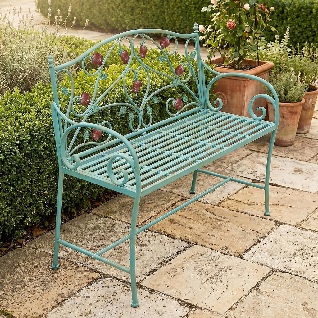 DIBRATY Rose Metal Entryway Bench, 2-Seater Vintage Foyer Bench, Blue | Garden Bench, with Scroll Armrest & Rose Leaf Pattern Backrest, Retro Distressed, for Porch, Living Room
