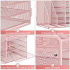 Lavatino 5-Tier Desk Organizer with 2 File Holders, Metal Adjustable Paper Letter Tray for Office or Home Desk Organizers and Accessories | 7 Flexible Dividers Keep Workspace Supplies Neat, Pink