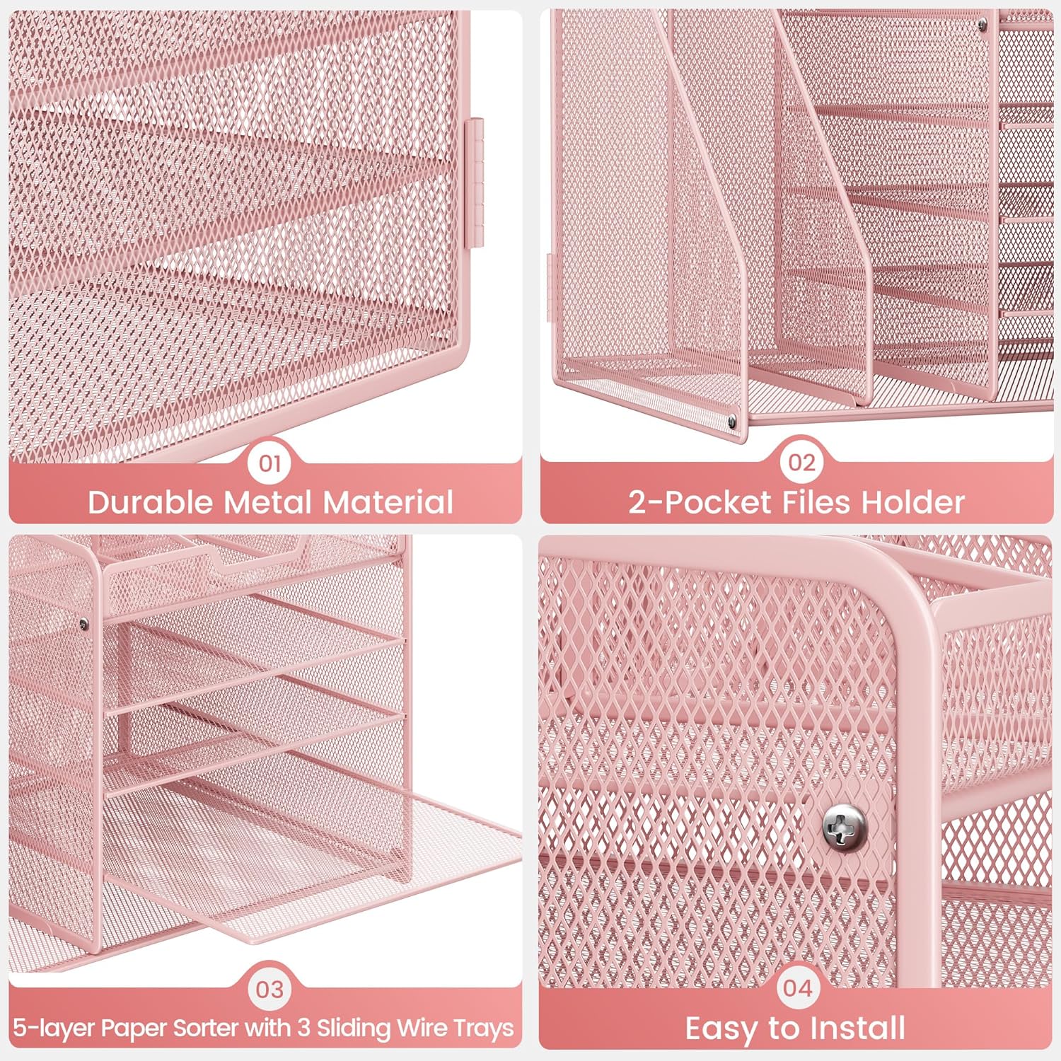 Lavatino 5-Tier Desk Organizer with 2 File Holders, Metal Adjustable Paper Letter Tray for Office or Home Desk Organizers and Accessories | 7 Flexible Dividers Keep Workspace Supplies Neat, Pink