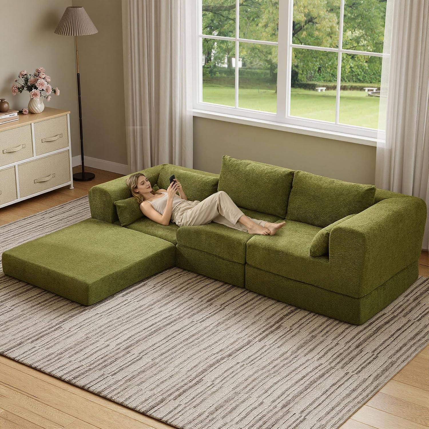 106" Chenille Folding Convertible Sleeper Sofa Bed, Green Pull Out Floor Modular Couch with Pillow, Memory Foam Boneless Couchs Sectional for Living Room Bedroom (3, Green)