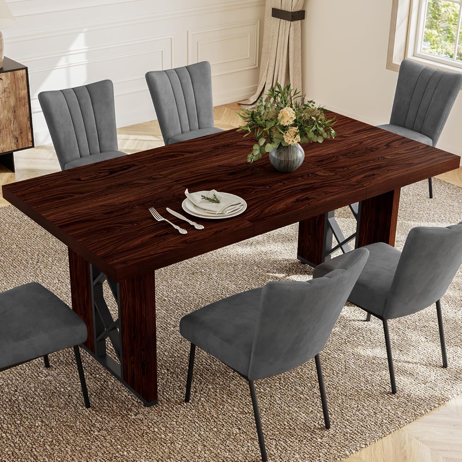 HIPIHOM 7-Piece Dining Table Set for 6, Walnut Table with 6 Grey Chairs | Thick MDF Tabletop, Rectangle Kitchen Table Set with Metal Legs for Breakfast Nook, Dining Room, Kitchen, Apartment