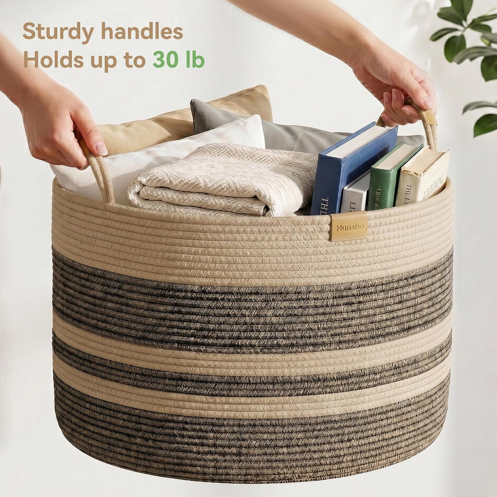 Nunsino 115L Woven Blanket Basket with Leather Handles, Cotton Rope Laundry Basket Hamper,Decorative Nursery Basket Toy Storage Basket for Kids, Living Room, Bedroom, Dark Brown Stripes