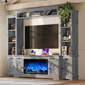 AMERLIFE 98in Farmhouse Entertainment Center with 36" Fireplace, TV Stand, Bookshelves, Wine Cabinet, Fits 75" TVs, Large Wall Unit Media Console with Power Outlets & Barn Doors, Living Room, Grey
