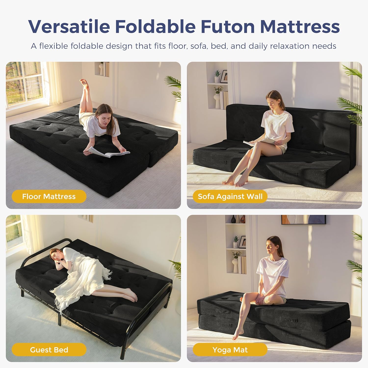 MAXYOYO 8" Thick Folding Mattress with Handles, Tufted Floor Sofa Bed (Frame Not Included), Foldable Couch Bed Versatile Floor Mattress for Sleeping, Living Room & Guest Room, Black