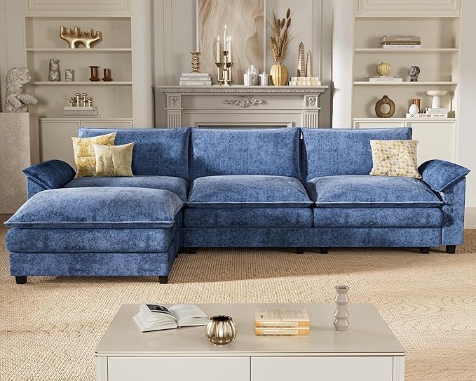 Homall 119" Modular Sectional Sofa, L Shaped Sofa Couch with Reversible Ottoman, DIY Combination Chenille Deep 3-Seat Cloud Couch for Living Room, Apartment (Dark Blue, L Shaped Sofa)