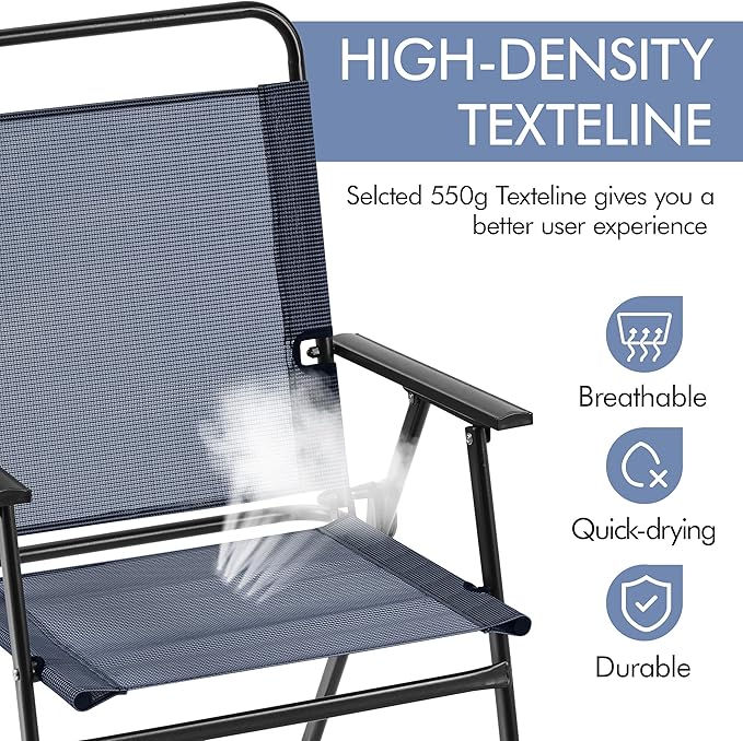 Yaheetech Outdoor Patio Chairs Set of 2, Folding Patio Chairs with Metal Frame, Armrests, Portable Dining Chairs for Camping, Lawn, Garden and Porch, Navy Blue
