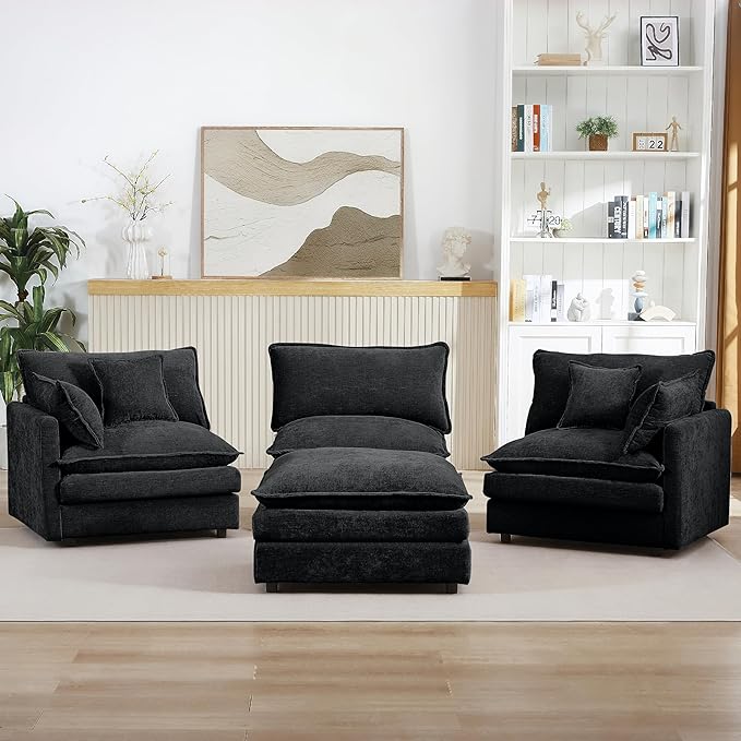 Ball & Cast 3 Seater Modular L Shaped Sectional Sofa with Movable Ottoman and 4 Pillows,Comfy Cloud Couch W/Deep Seat,DIY Combination,Chenille Upholstered Sofa for Living Room,Apartment,Black,105"