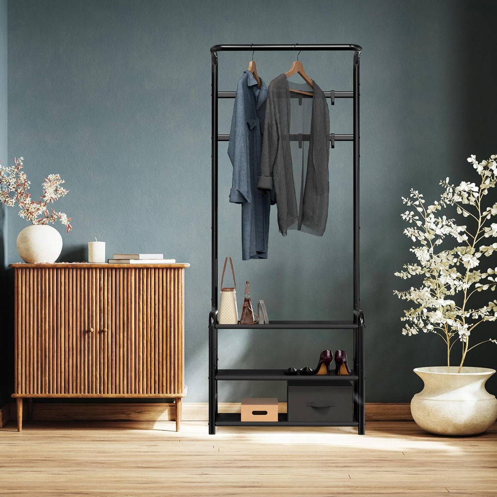 Simple Houseware Coat Rack with Storage Shelf, Freestanding Hall Tree with Hooks for Entryway, Bedroom, Office, Black Metal Clothes Hanger Stand for Coats, Hats, Jackets, Bags - Black