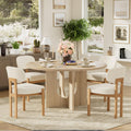 5-Piece Scandinavian Minimalist Round Dining Table Set, 47" Solid Wood Table with Sculpted Open Base + Beige Chenille Chairs for Kitchens & Dining Areas