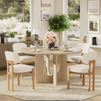 5-Piece Scandinavian Minimalist Round Dining Table Set, 47" Solid Wood Table with Sculpted Open Base + Beige Chenille Chairs for Kitchens & Dining Areas