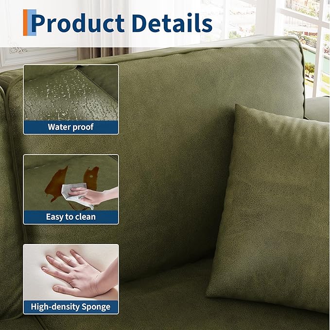 Faux Leather Couch with 2 Throw Pillows, Sofa Couches for Living Room, 3 Seater Sofa with Wide Armrests, Wood Legs, Deep Seats, Back Cushion, Sturdy Support Feet, for Office, Living Room, Olive Green