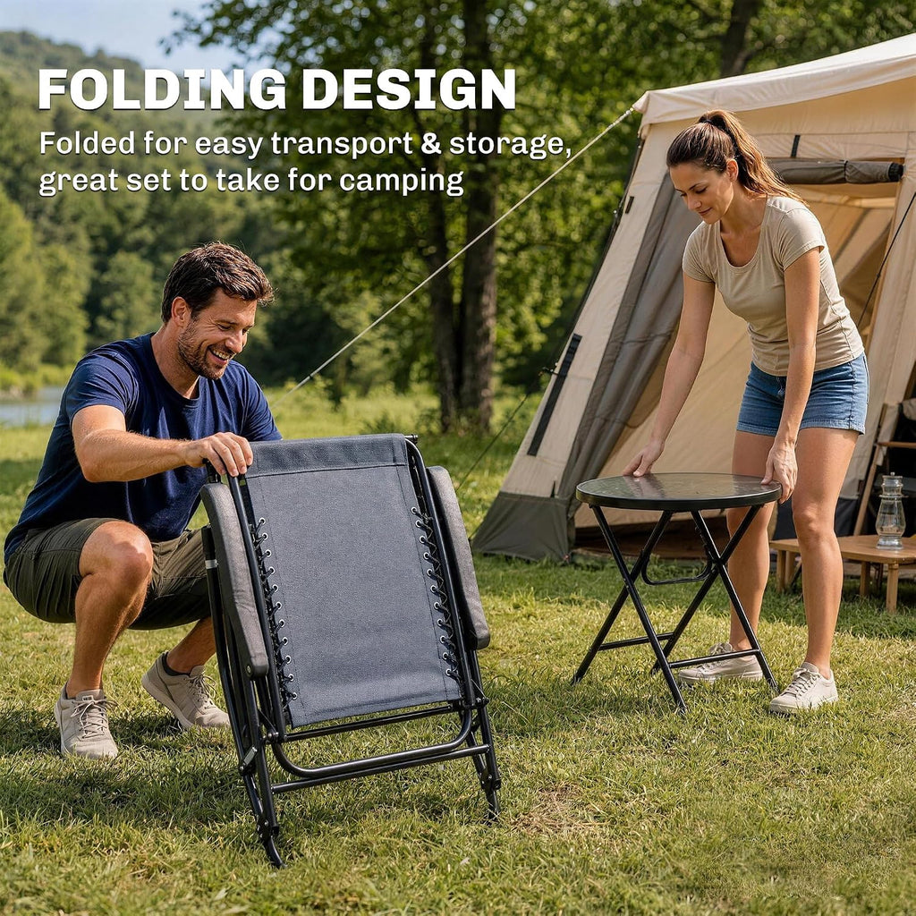 Outsunny 3 Piece Outdoor Rocking Bistro Set, Patio Folding Chair Table Set with Glass Coffee Table for Yard, Patio, Deck, Backyard, Grey
