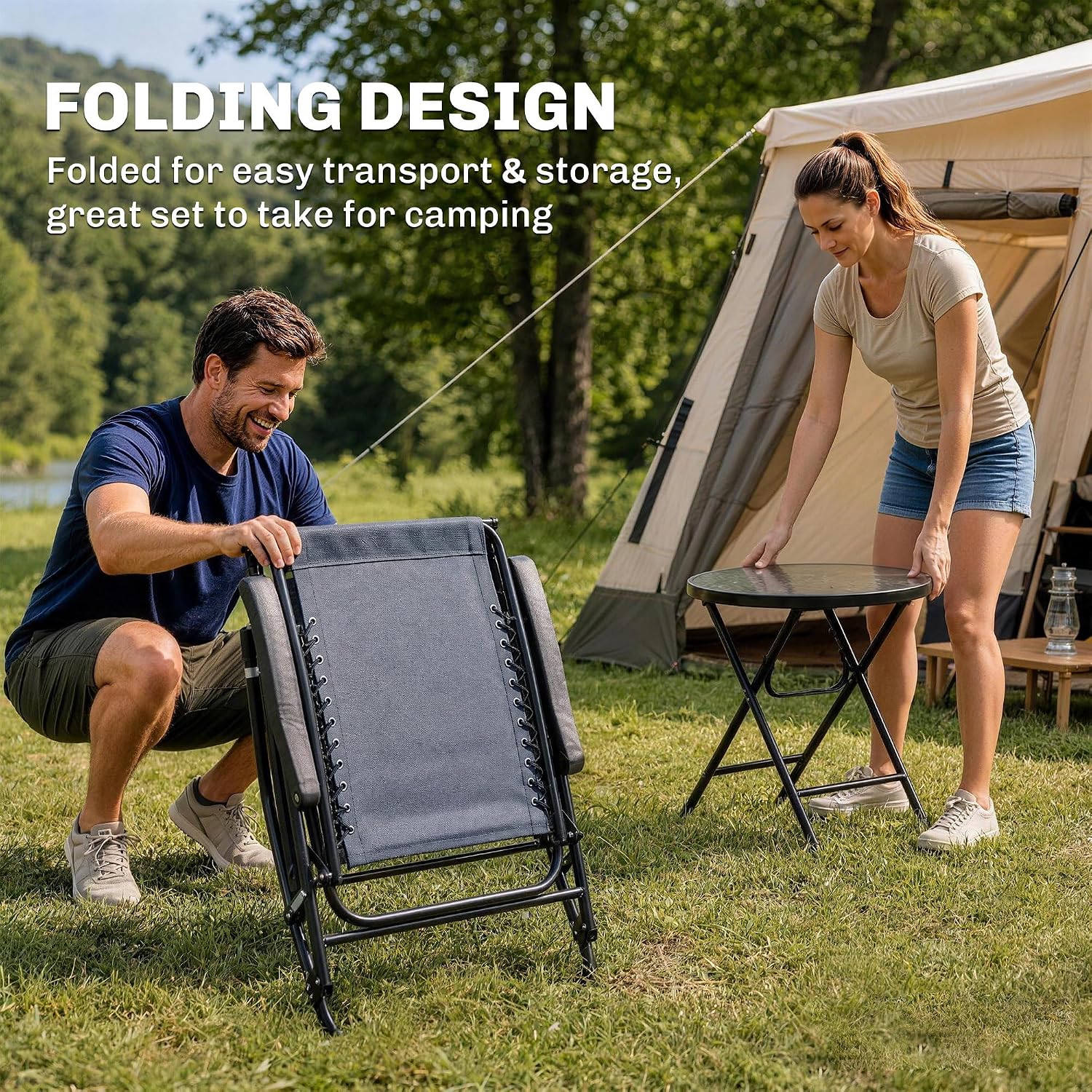 Outsunny 3 Piece Outdoor Rocking Bistro Set, Patio Folding Chair Table Set with Glass Coffee Table for Yard, Patio, Deck, Backyard, Grey