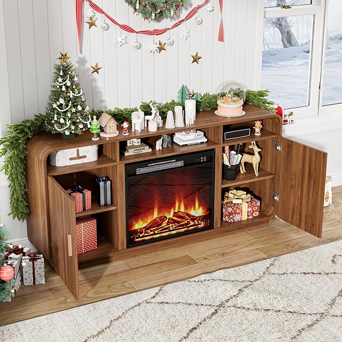 Fireplace TV Stand for TVs Up to 65”, Entertainment Center with 23” Electric Fireplace, Storage Side Cabinets and Adjustable Shelves, Mid Century Modern Media Console Table for Living Room (Walnut)