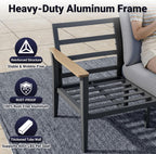 Aluminum Outdoor Patio Chair Set with 5.1-Inch Thick Cushions | 2-Piece: 2 Wood-Look Armrest Club Chairs for Porch, Deck & Balcony, Gray