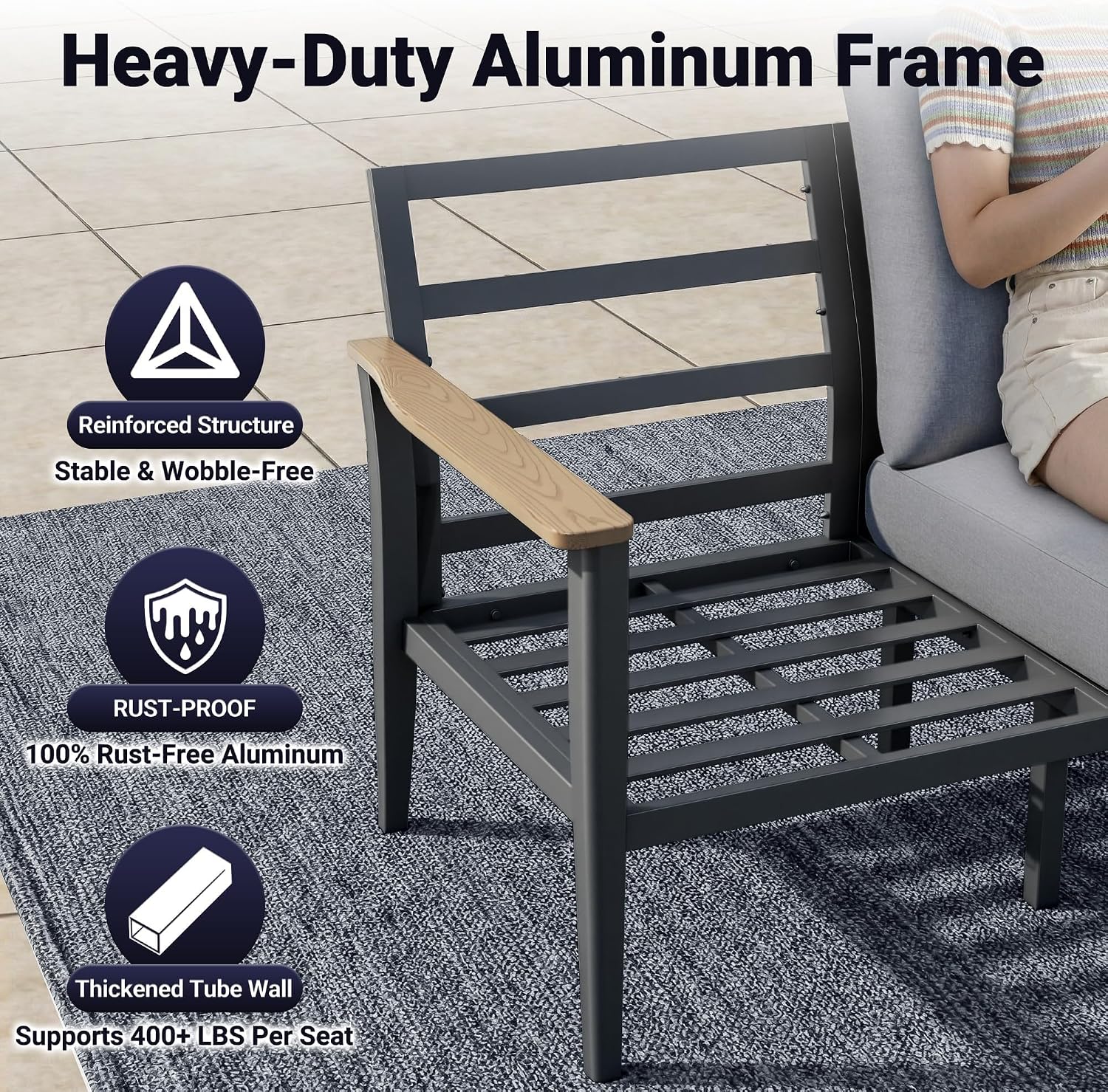 Aluminum Outdoor Patio Chair Set with 5.1-Inch Thick Cushions | 2-Piece: 2 Wood-Look Armrest Club Chairs for Porch, Deck & Balcony, Gray