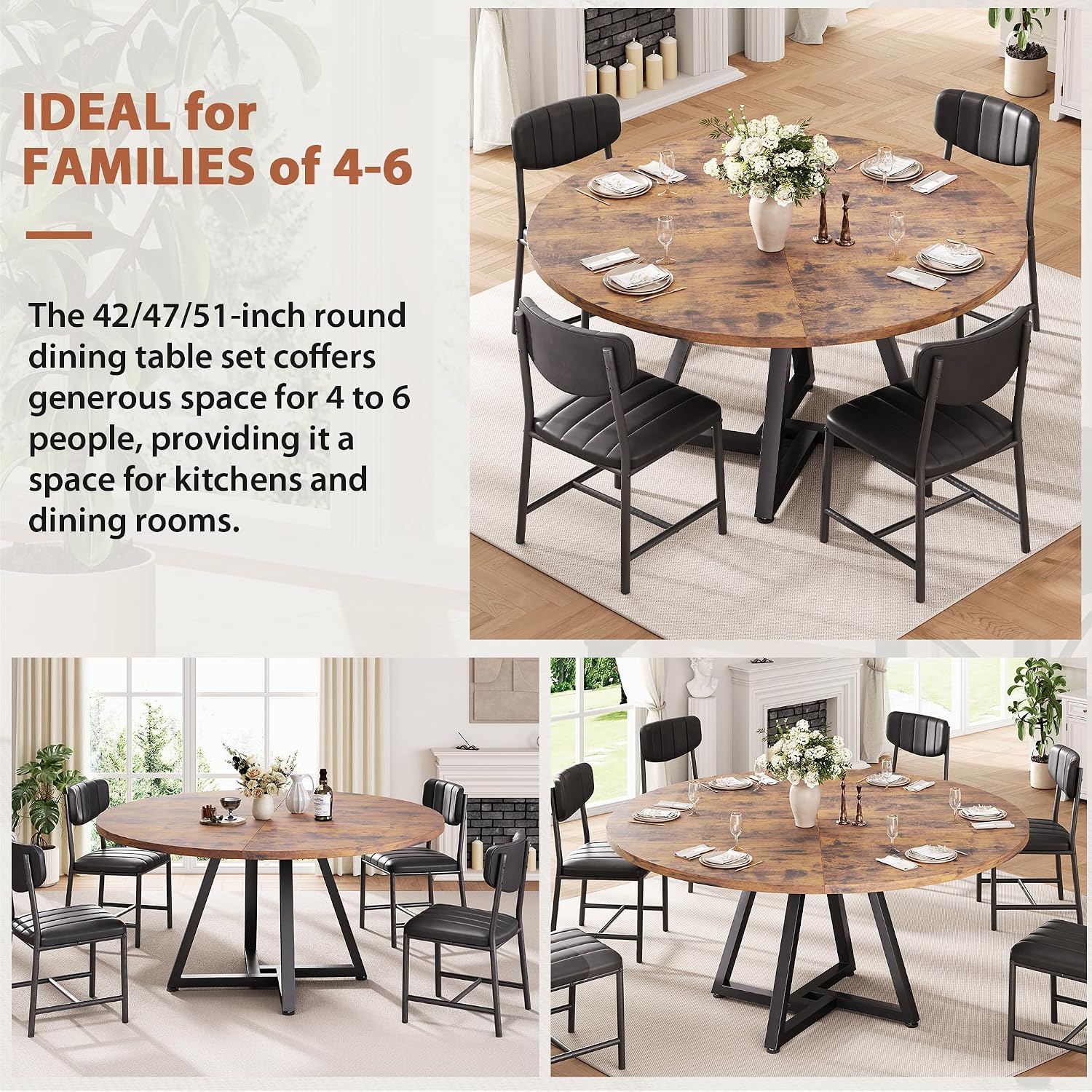 Jocoevol Round Dining Table Kitchen Dining Room Circle Dinner Pedestal Table for 4, Space Saving Wood Kitchen & Dining Room Furniture (Rustic Brwon)