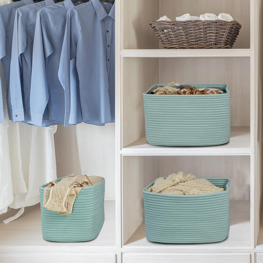 XUANGUO Woven Cotton Rope Storage Baskets 15x10x9.3" 3 Pack Green | Decorative rectangular storage baskets for shelves and closets; storage bins organize clothes, toys, books and nursery items.