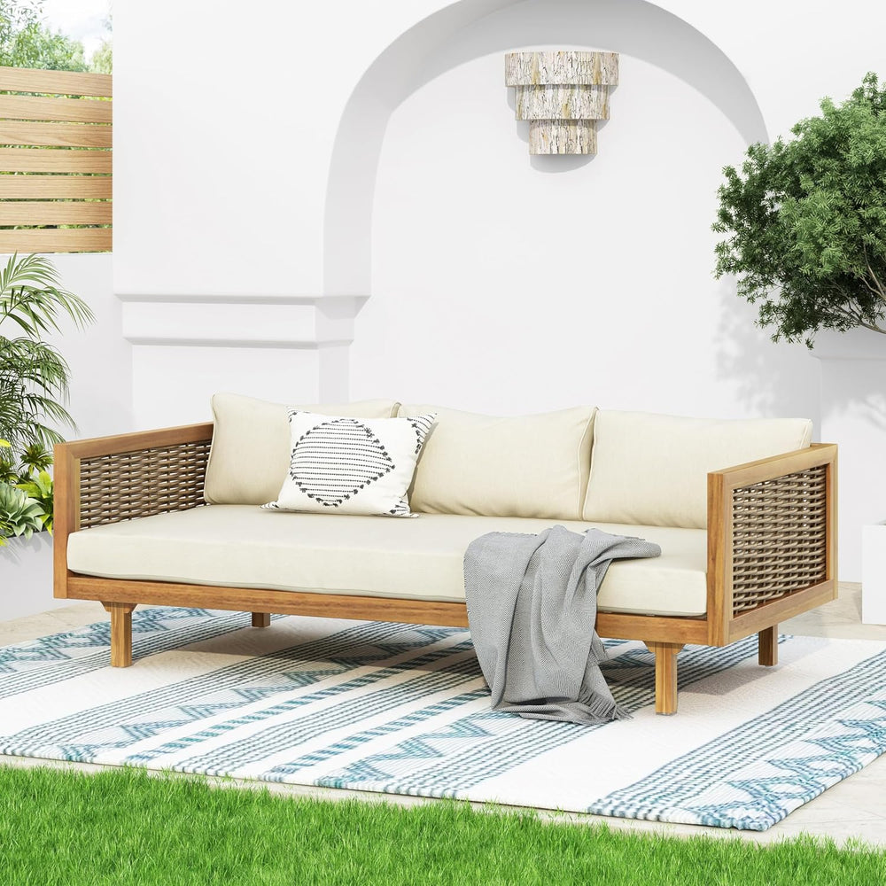 Merax Outdoor Acacia Wood Conversation Set - Patio 3-Seat Loveseat Sofa w/Cou...