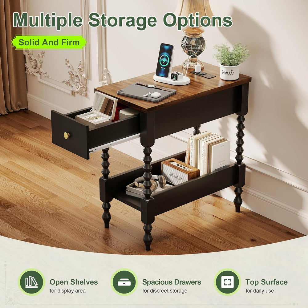 YOSHOOT Farmhouse End Table with Charging Station, Narrow Side Table