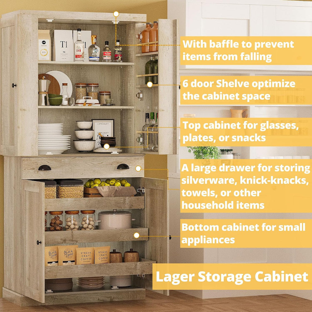 IRONCK Kitchen Pantry Cabinet 72" Height, Freestanding Cupboard with Dra...
