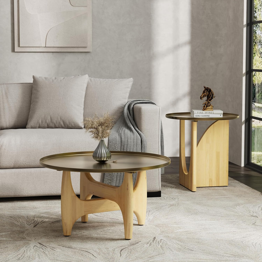 AUZ Round End Table with Brushed Gold Top, Small Wood Side Table for Living R...