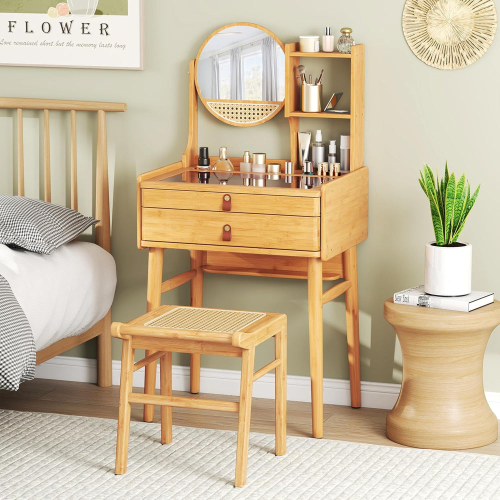 GOFLAME Bamboo Vanity Table with Adjustable Mirror, Small Makeup Vanity with ...