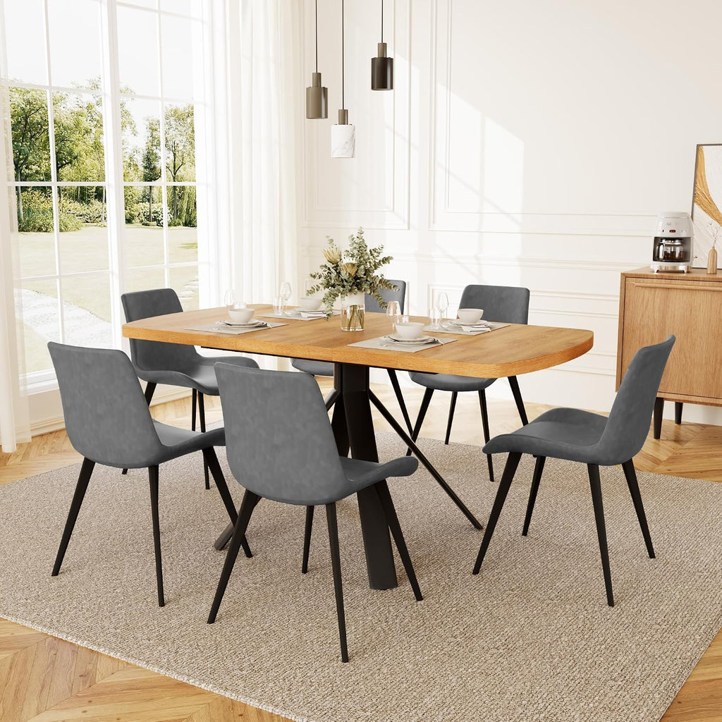 HIPIHOM Extendable Dining Table Set for 6 People, 47.2''-63'' MDF Kitchen Table with 6 Upholstered Chairs, Metal Legs for Dining Room, Kitchen, Apartment(Oak Table+6 Grey Chairs)
