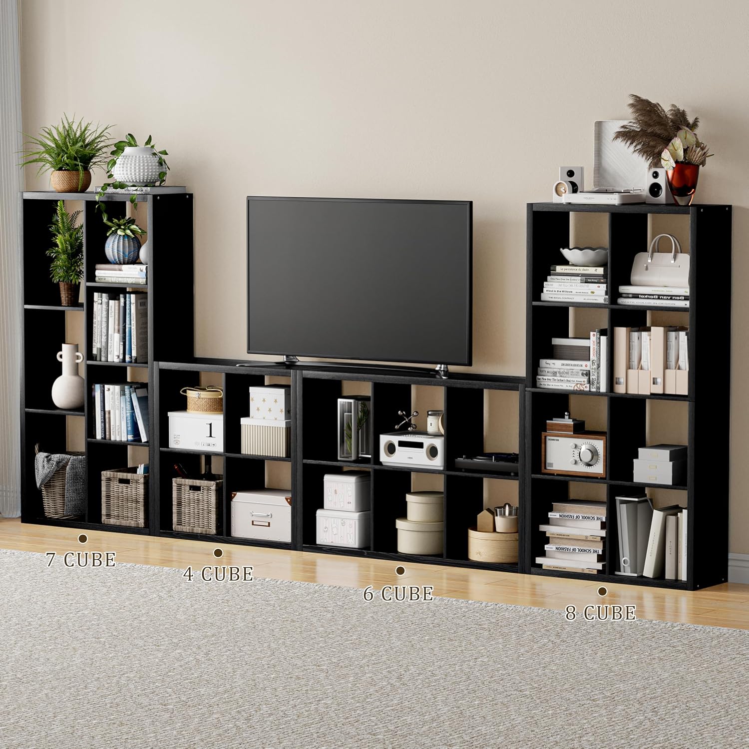 Cube Storage Organizer Bookcase, Decorative 11 inch Open Back Cubical Shelf with Thickened Border, Display Bookshelf for Living Room, Home Office, Sturdy Room (Black, 6 Cube)