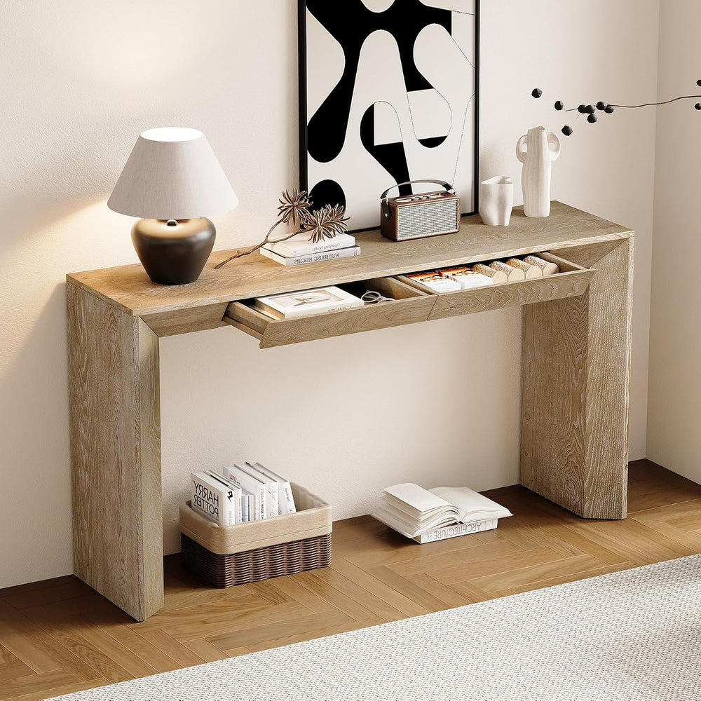 Merax Modern Entryway Table with 2 Concealed Drawers, Natural | Long Farmhous...