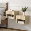 Floating Nightstands Set of 2 with Drawer and Open Shelf, Small Wall Mounted Bedside End Table, Modern Fluted Night Stand for Bedroom, Living Room, Light Oak