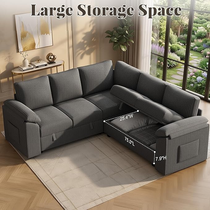 85 Inch Modular Sectional Sofa with Pull Out Couch Bed, L Shaped 5 Seat Sectional Couch with Storage, Corduroy Sectional Couches for Living Room, Cloud Modular Couch, Removable Sofa Cover, Dark Grey