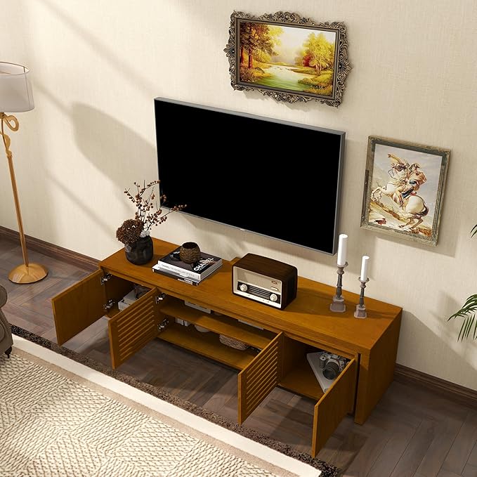 Ball & Cast 63" Mid-Century Modern Extendable TV Stand TVs up to 75", Expandable Media Console with Slatted Doors & Concealed Storage, Wood Grain Entertainment Center for Living Room,Brown Ebony