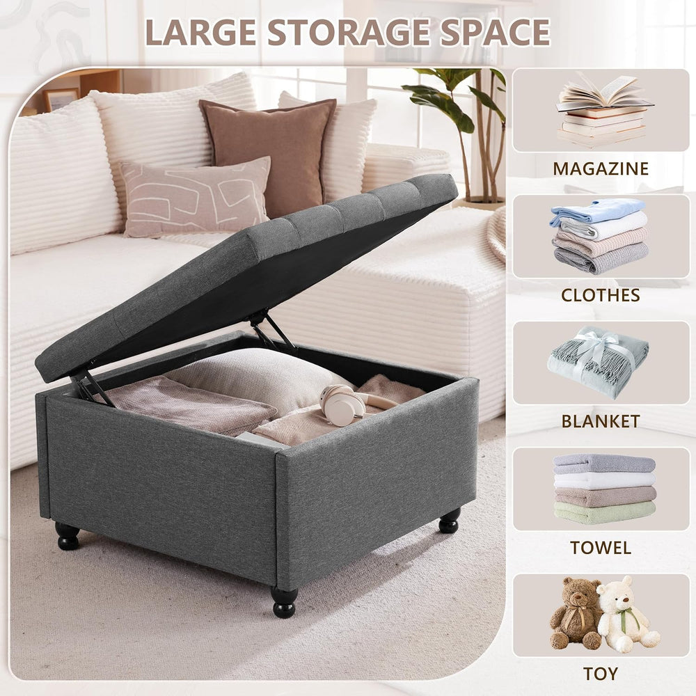 28" Large Square Ottoman with Storage, Fabric Ottoman Coffee Table, Grey...