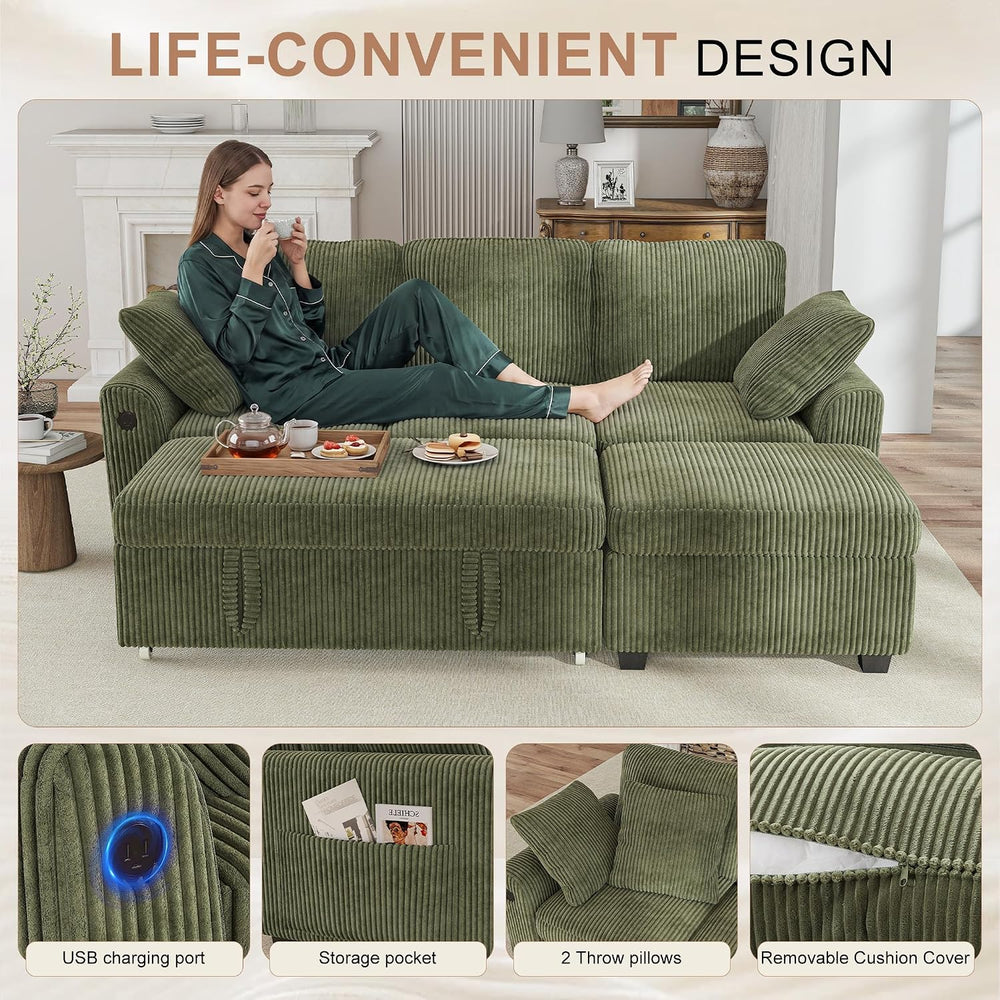 Hanherry 81" Sectional Couch with Pull Out Bed,3 Seat Corduroy Sleeper S...
