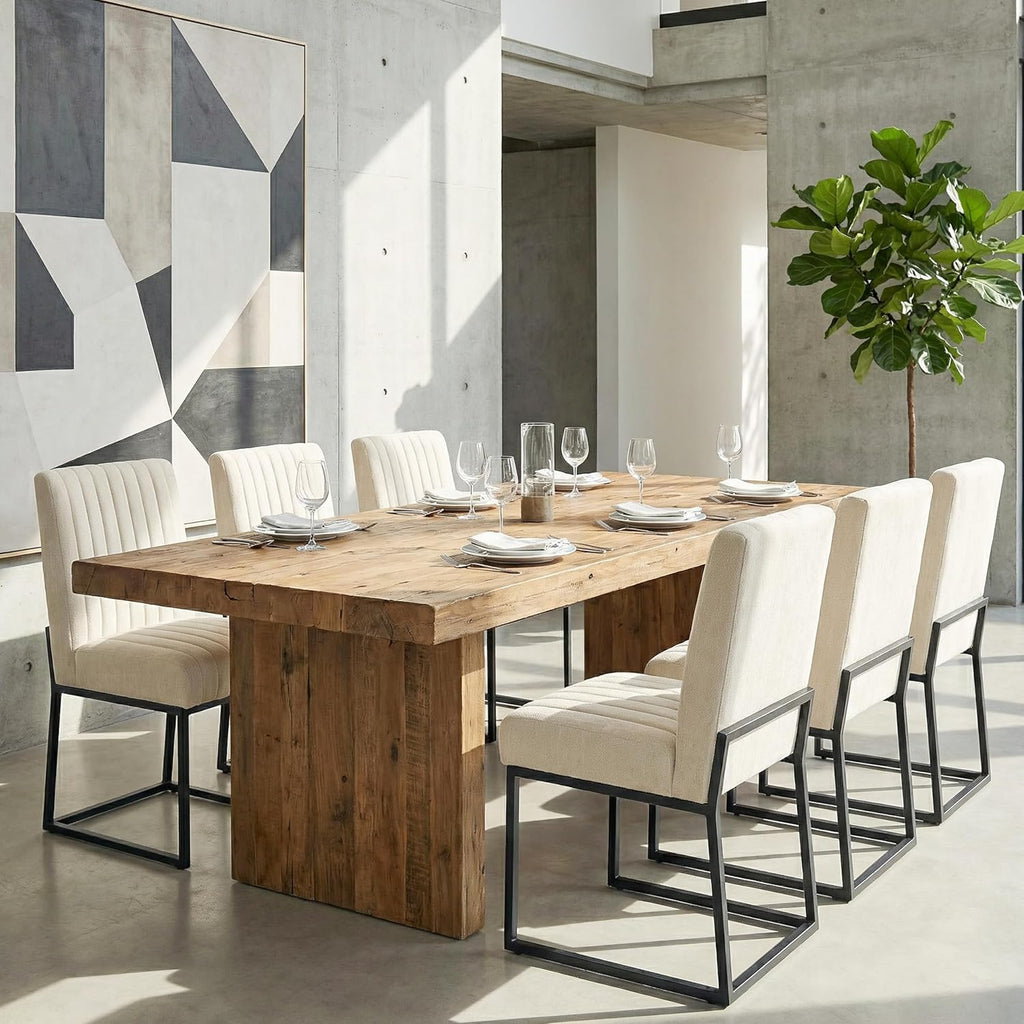 VKNOW Upholstered Dining Chairs, Modern Dining Room Chairs with Stripe, Linen Kitchen Chair Dinner Chair with Black Metal Base for Kitchen, Beige