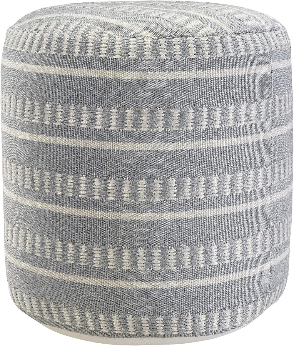 LR Home Dash and Stripe Geometric Indoor Outdoor Pouf, Blue/White, 20" x...