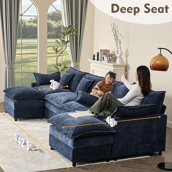 142.5" U Shaped Couch, Modular Sectional Sofa, 3-Seater Comfy Cloud Couch, Set of Modular Pieces with Movable Ottoman, Deep Seat Couches for Living Room, Chenille, Navy