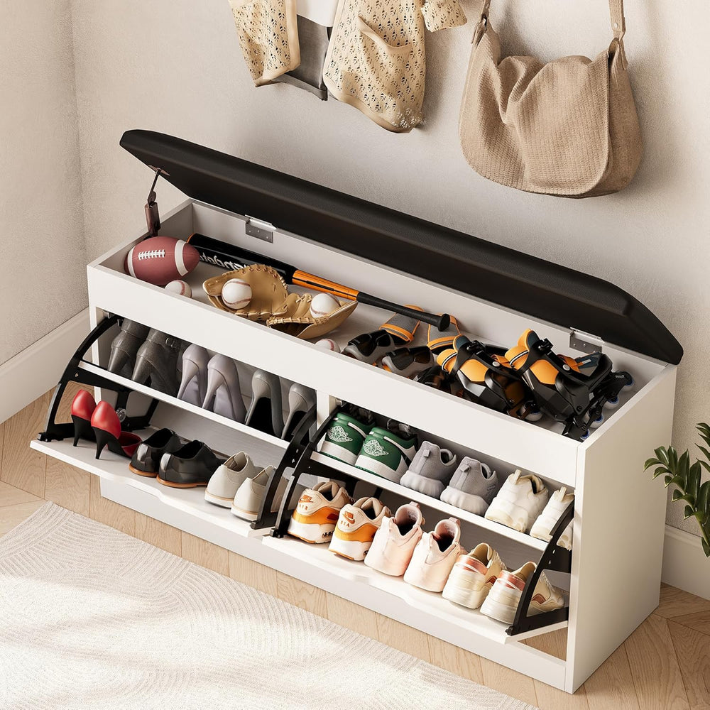 40" Shoe Storage Bench with 2 Flip Drawers & Padded Seat Cushion, Sh...