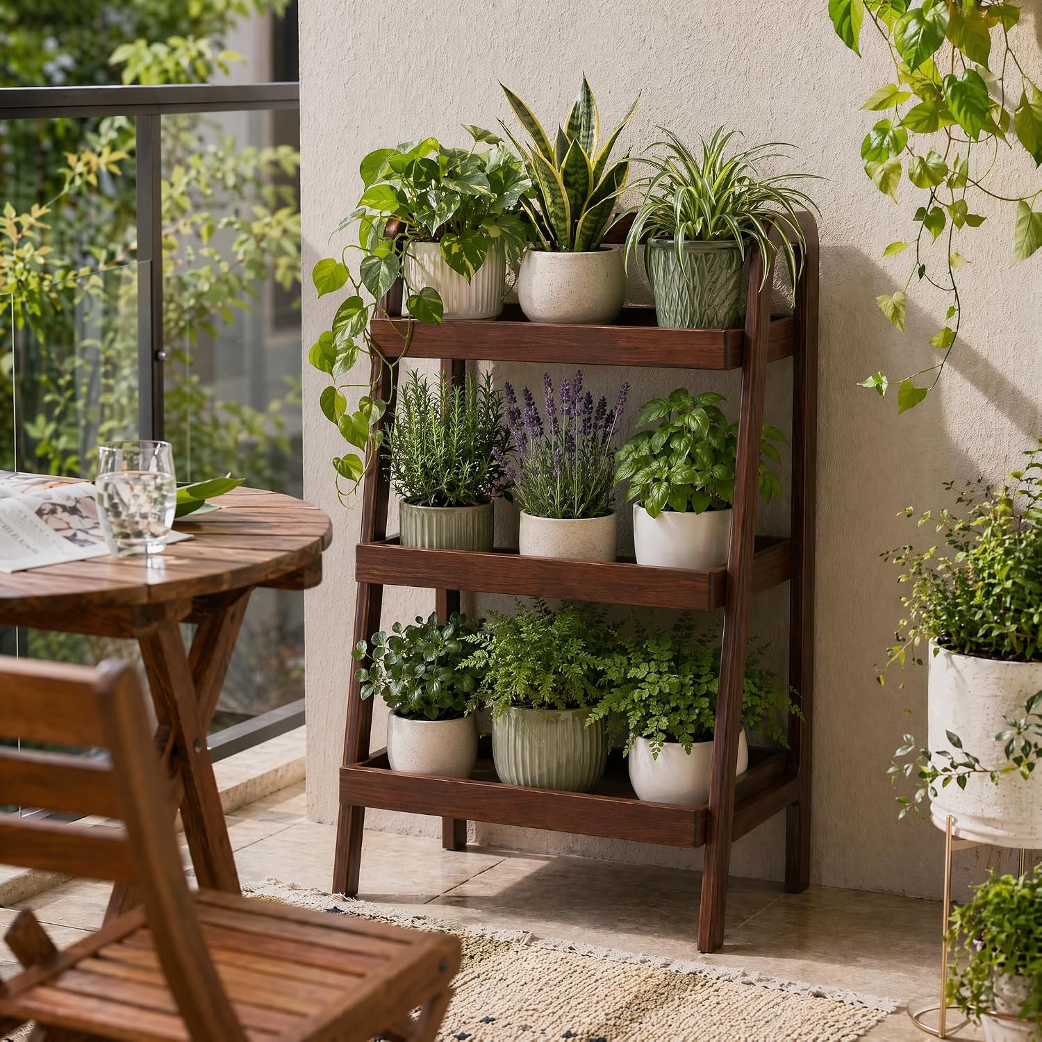 Solid Oak Small Bookshelf, 3 Tier Ladder Shelf Walnut Bookcase | Ladder bookshelf with compact design for small spaces, ideal for books, plants and decor in living room, bedroom and offices.