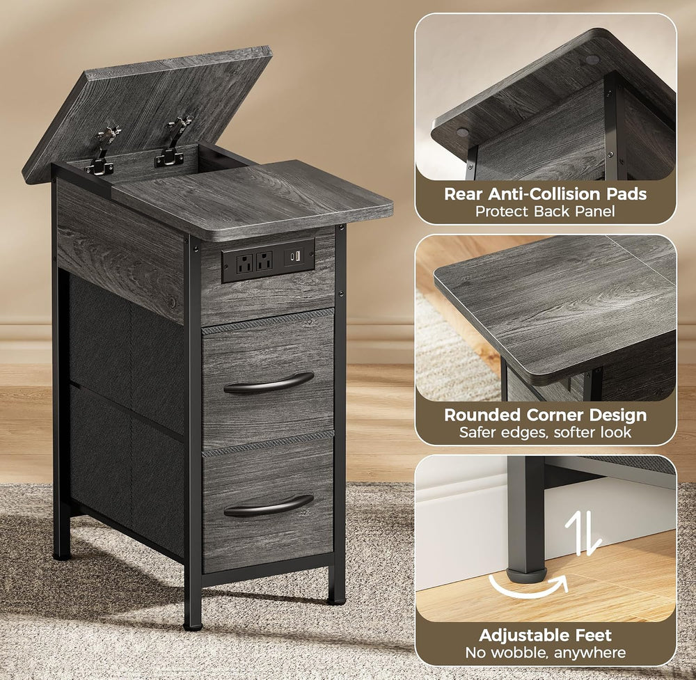 Huuger Narrow End Table with Charging Station, Flip Top Side Table with 2 Fab...