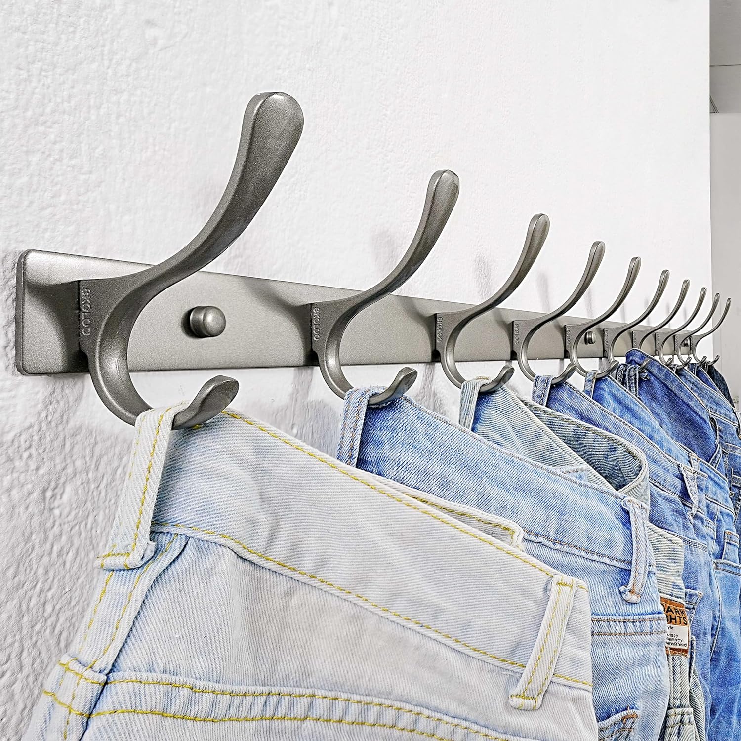 SKOLOO Coat Rack Wall Mounted - 10 Hooks, Pack of 2, Heavy Duty, Stainless Steel, Metal Wall Hangers, Sturdy Coat Hooks for Hanging Coats, Jacket, Clothes, Hat, Matte Grey
