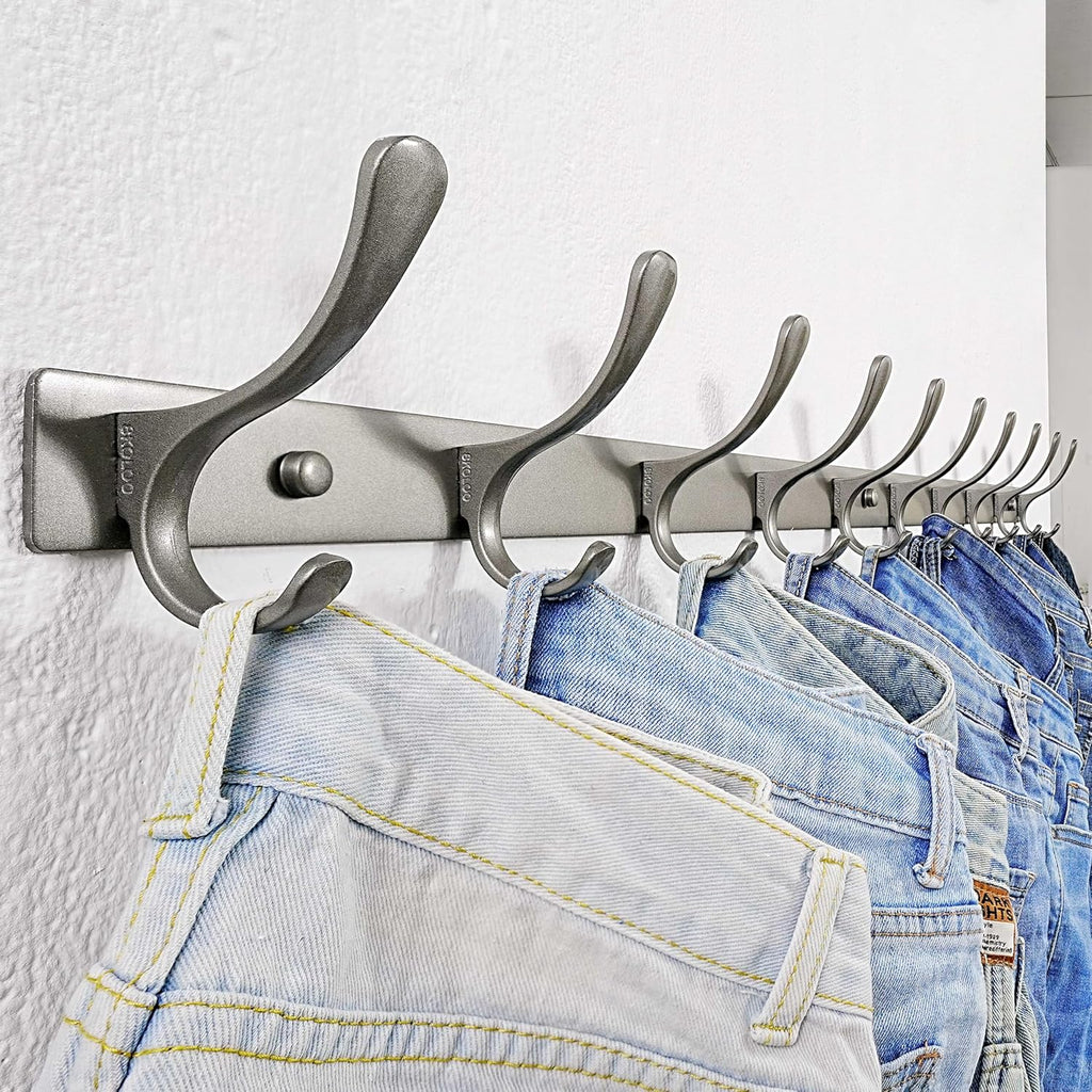 SKOLOO Coat Rack Wall Mounted - 10 Hooks, Heavy Duty, Stainless Steel, Metal Wall Hanger, Sturdy Coat Hooks for Hanging Coats, Jacket, Clothes, Hat, Matte Grey