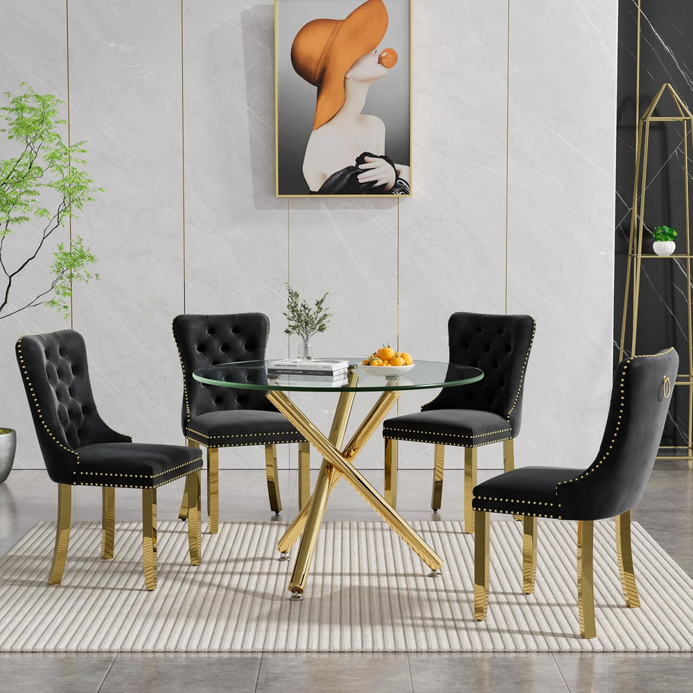36" Luxury Gold Glass Dining Room Table Set for 4, 5-Piece Round Kitchen...