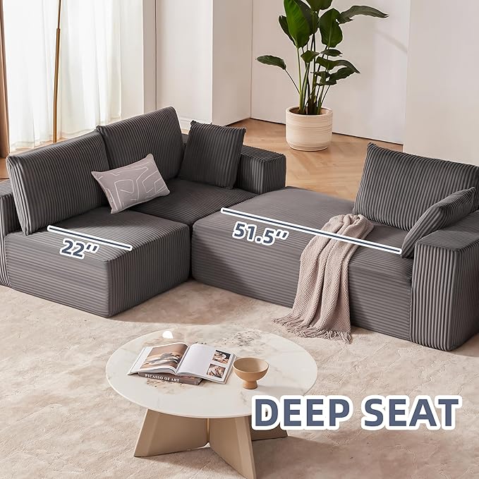 108” Modular Sectional Sofa, Cloud Sectional Couch with Deep Seat, Modern Modular L-Shape Sofa Couch with Chaise,Upholstered Boneless Couches for Living Room Bedroom (Grey, Left Facing Chaise)